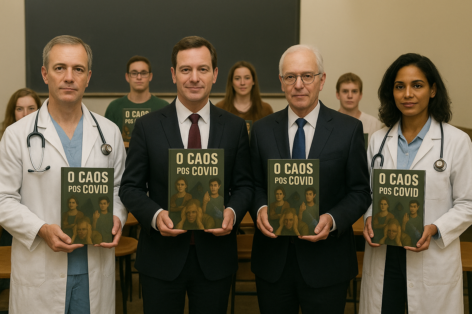 Profissionais da saúde e cientistas com o livro O Caos Pós-Covid